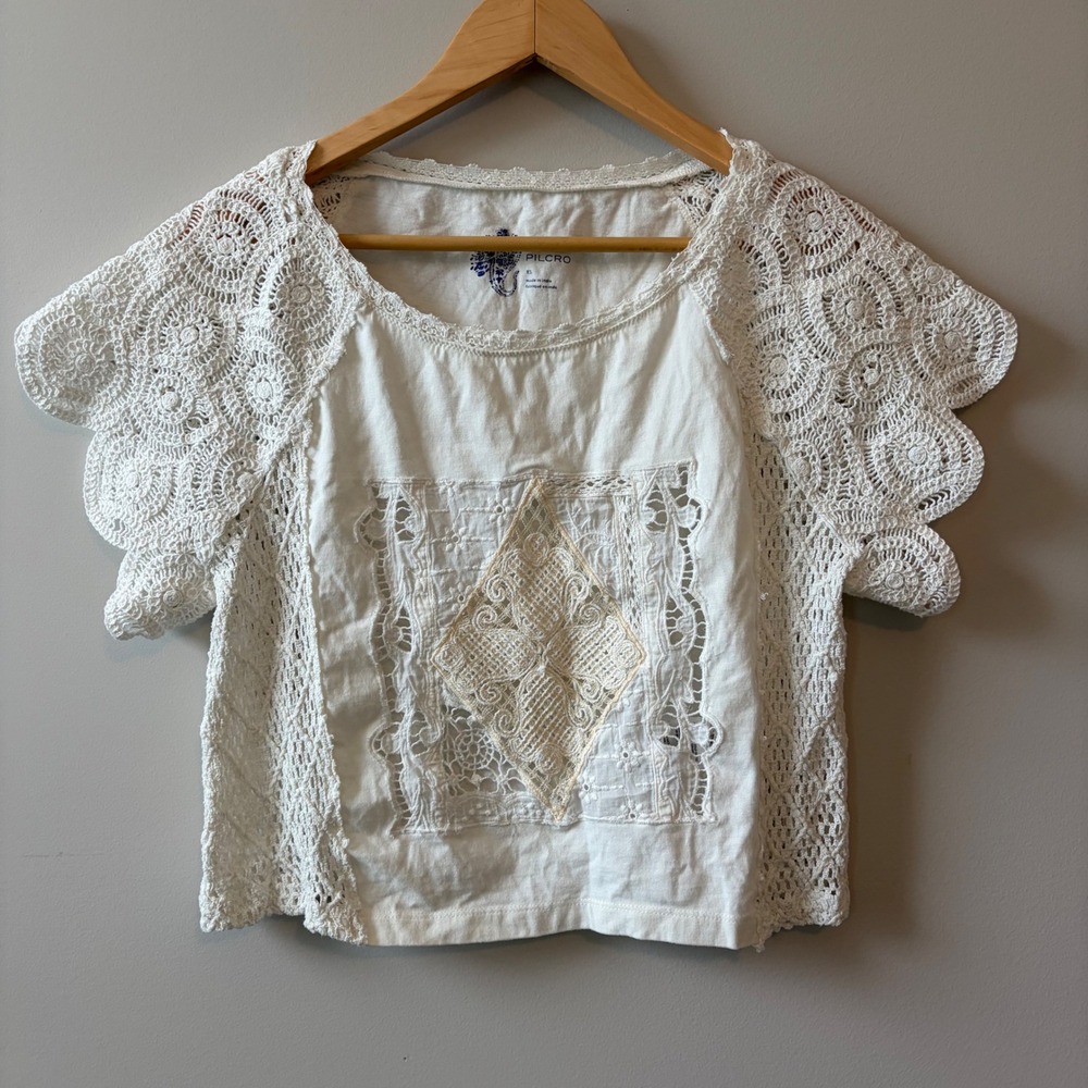 Pilcro White Cotton Crochet Lace Butterfly Sleeve Crop Top OB1521930 Womens XS